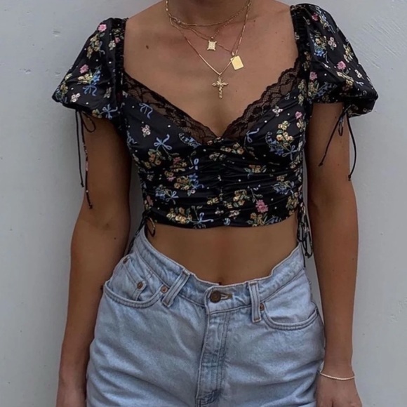 For Love & Lemons August Floral Black Crop Top Small - Picture 5 of 12